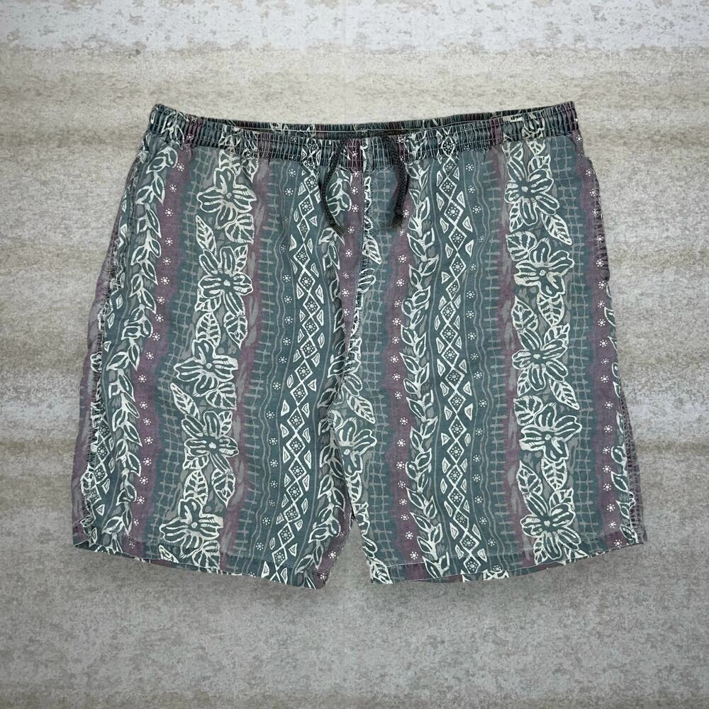 Vintage 90s Floral Swim Shorts Mens L Green Purple White Lined 9" Inseam
